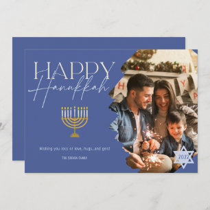 Cartes Pour Fêtes Annuelles Happy Hanoukka or bleu script menorah photo