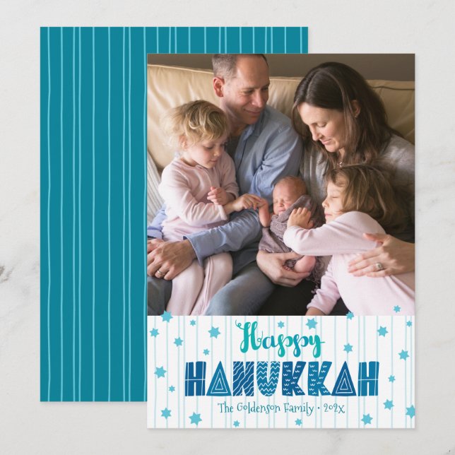 Cartes Pour Fêtes Annuelles Happy Hanoukka Photo Moderne Turquoise Typographie (Devant / Derrière)