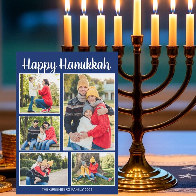 Cartes Pour Fêtes Annuelles Happy Hanukkah Family Photo Collage Blue Pattern (Créateur téléchargé)
