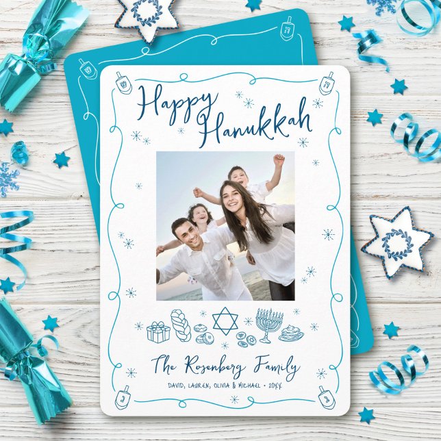 Cartes Pour Fêtes Annuelles Happy Hanukkah Photo Whimsical Hand Drawn Doodles (Créateur téléchargé)