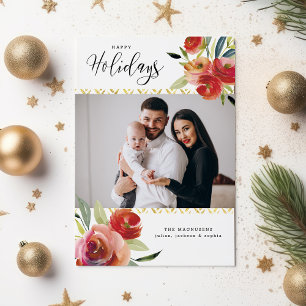 Cartes Pour Fêtes Annuelles Happy Holidays Aquarelle Floral 2 Photos Or