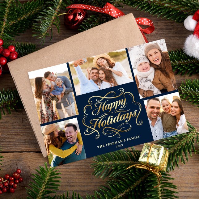 Cartes Pour Fêtes Annuelles Happy Holidays Blue & Gold 5 Photo Collage Card (Créateur téléchargé)
