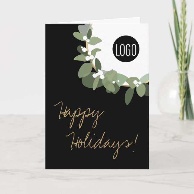 Cartes Pour Fêtes Annuelles Happy Holidays Gold Black Modern Wreath Your Logo (Devant)