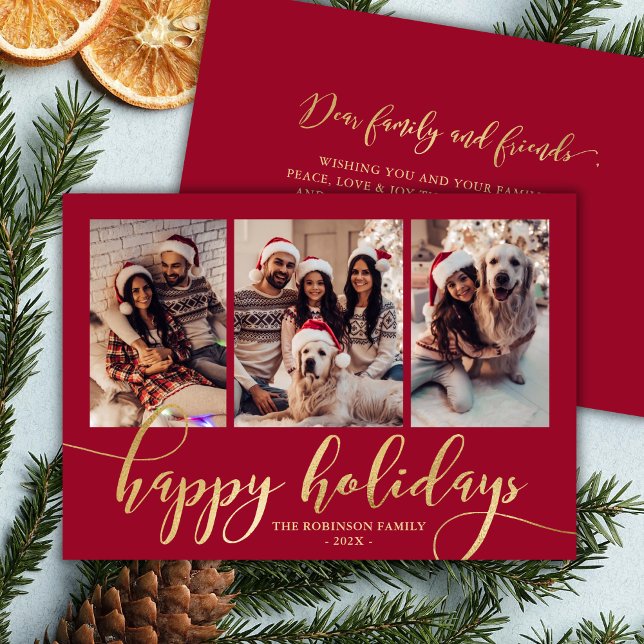 Cartes Pour Fêtes Annuelles Happy Holidays Gold Script 3 Photo Collage Red  (Créateur téléchargé)