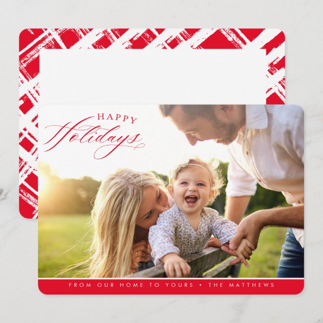 Cartes Pour Fêtes Annuelles HAPPY HOLIDAYS PHOTO élégante calligraphie rouge (Devant / Derrière)