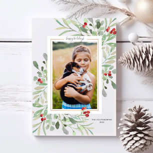 Cartes Pour Fêtes Annuelles Happy Holidays Photo Green Foliage Red Berries