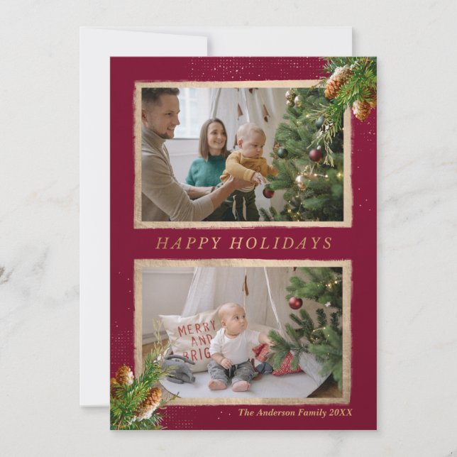 Cartes Pour Fêtes Annuelles Happy Holidays Pine Branch Gold Accent Photo (Devant)