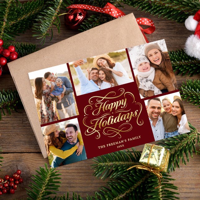 Cartes Pour Fêtes Annuelles Happy Holidays Red & Gold 5 Photo Collage Card (Créateur téléchargé)
