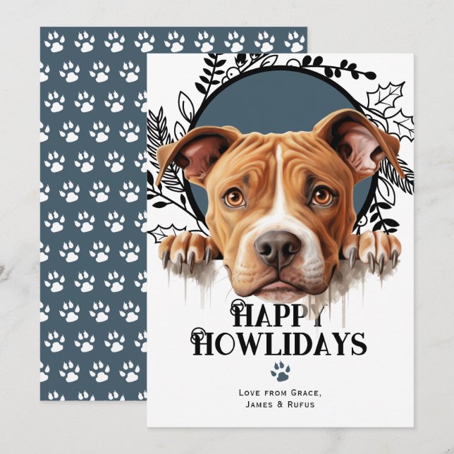 Cartes Pour Fêtes Annuelles Happy Howlidays American Pit Bull Terrier (Devant / Derrière)