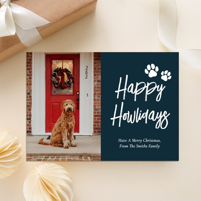 Cartes Pour Fêtes Annuelles Happy Howlidays Blue Calligraphy Pet Photo (Créateur téléchargé)