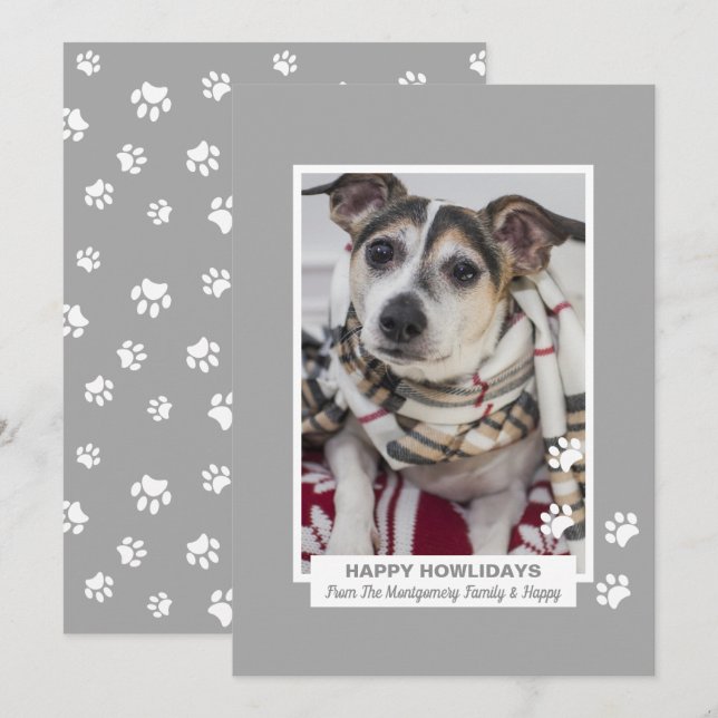 Cartes Pour Fêtes Annuelles Happy Howlidays Chien avec Empreintes de pattes An (Devant / Derrière)