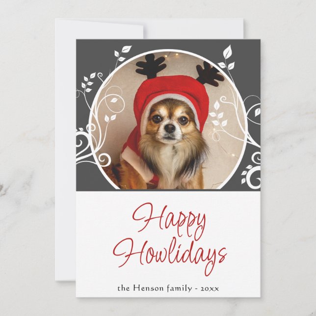 Cartes Pour Fêtes Annuelles Happy Howlidays Grey Foliage Nom du chien Photo (Devant)