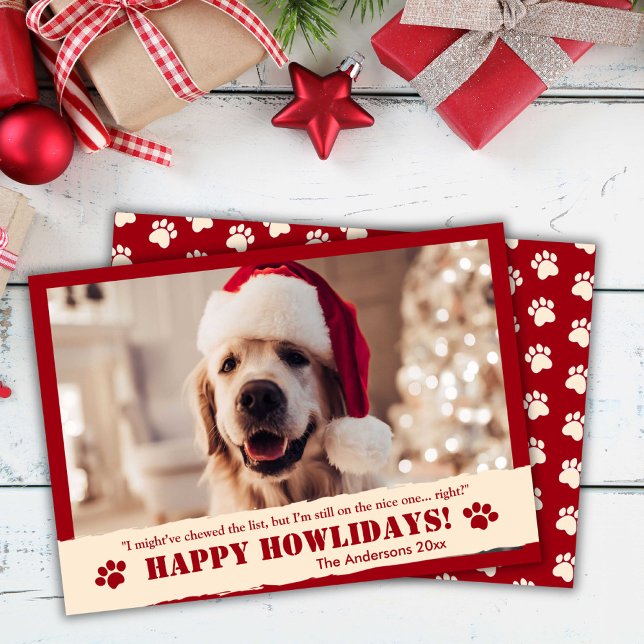 Cartes Pour Fêtes Annuelles "Happy Howlidays" Noël rouge Empreinte de patte (Front/Back )