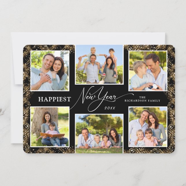 Cartes Pour Fêtes Annuelles Happy New Year 6 Photos Faux Glitter (Devant)