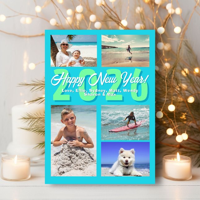 Cartes Pour Fêtes Annuelles Happy New Year Aqua Multi-photo (Créateur téléchargé)