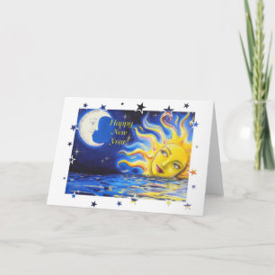 Cartes Pour Fêtes Annuelles Happy New Year Celestial Sun and Moon Face Card