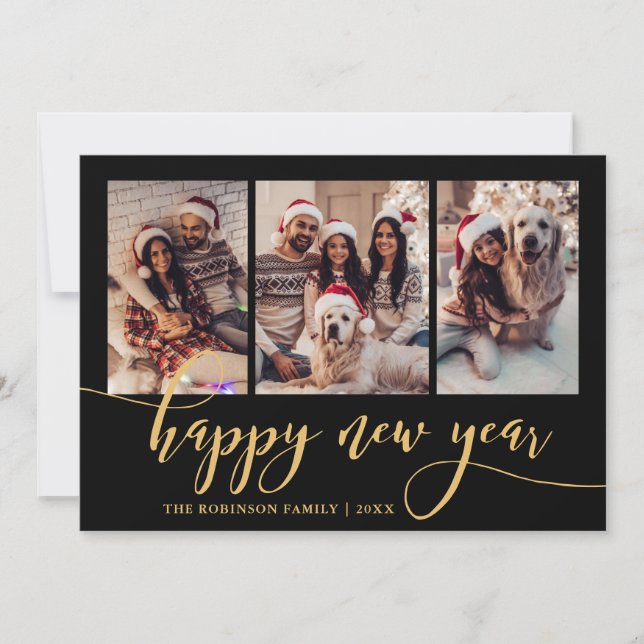 Cartes Pour Fêtes Annuelles Happy New Year Gold Script 3 Photo Collage Black  (Devant)