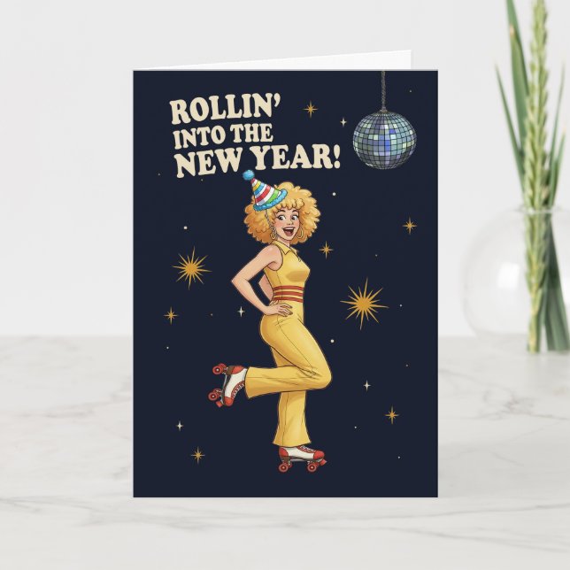 Cartes Pour Fêtes Annuelles Happy New Year Retro Disco Roller Skating Woman  (Devant)