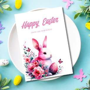 Cartes Pour Fêtes Annuelles Happy Pâques Aquarelle Bunny rose