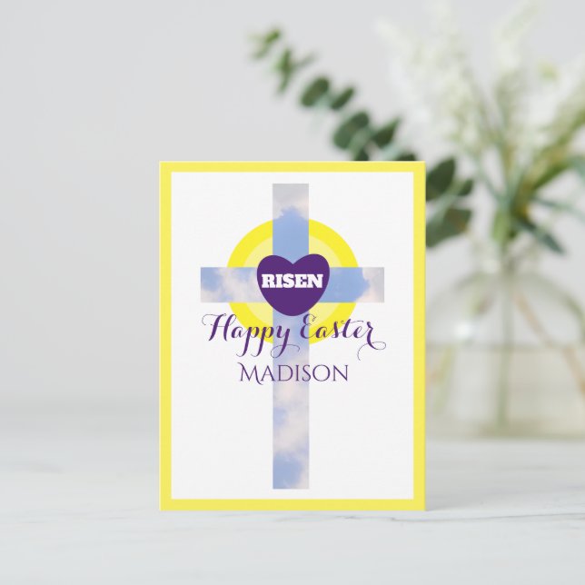 Cartes Pour Fêtes Annuelles Happy Pâques Blue Sky Cross Nom personnalisé Jaune (Debout devant)