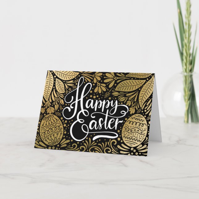 Cartes Pour Fêtes Annuelles Happy Pâques Elegant Boho Noir et Or (Devant)