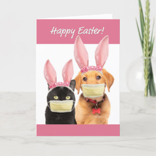 Cartes Pour Fêtes Annuelles Happy Pâques mignonne chat et chien dans Covid Fac
