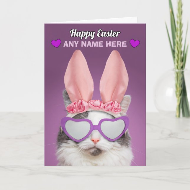 Cartes Pour Fêtes Annuelles Happy Pâques Nom personnalisé Chat dans Bunny Ears (Devant)
