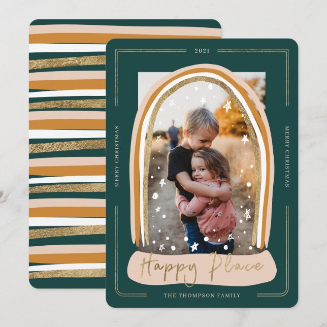 Cartes Pour Fêtes Annuelles Happy Place Modern Snow Globe Photo de Noël (Devant / Derrière)