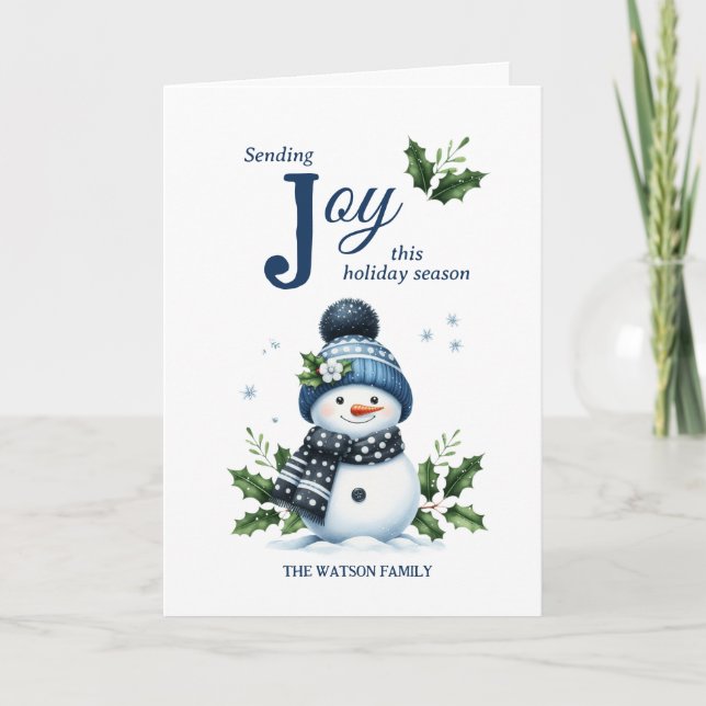 Cartes Pour Fêtes Annuelles Happy Snowman Holly Snowflake Marine White hiver (Devant)