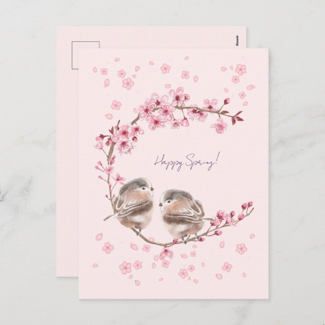 Cartes Pour Fêtes Annuelles Happy Spring! 桜とかわいいすずめの春のあいさつ♡ (Devant / Derrière)