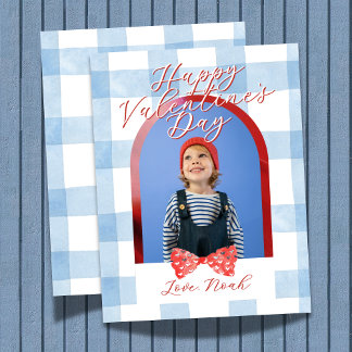 Cartes Pour Fêtes Annuelles Happy Valentine's Day Arch Photo Blue Gingham Card