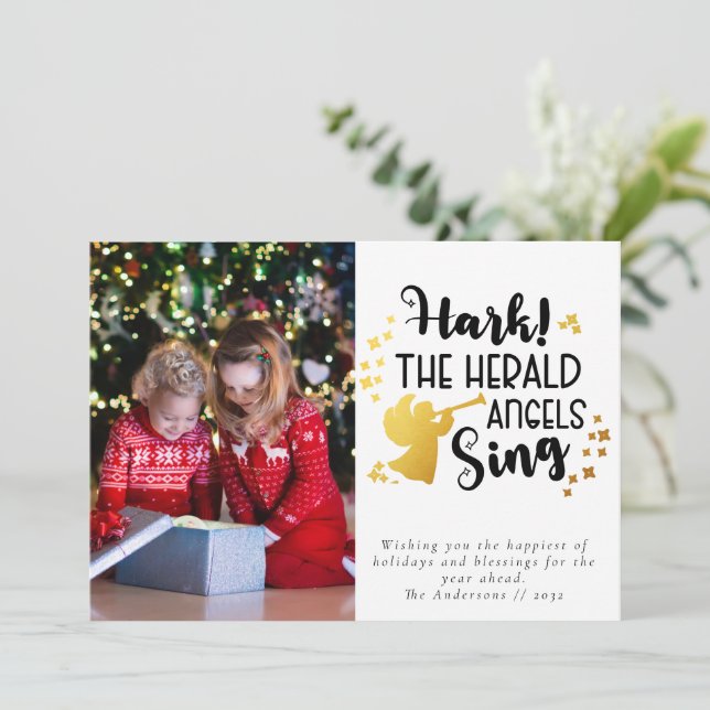 Cartes Pour Fêtes Annuelles Hark the Herald Angels Chanter Gold Foil Photo (Debout devant)