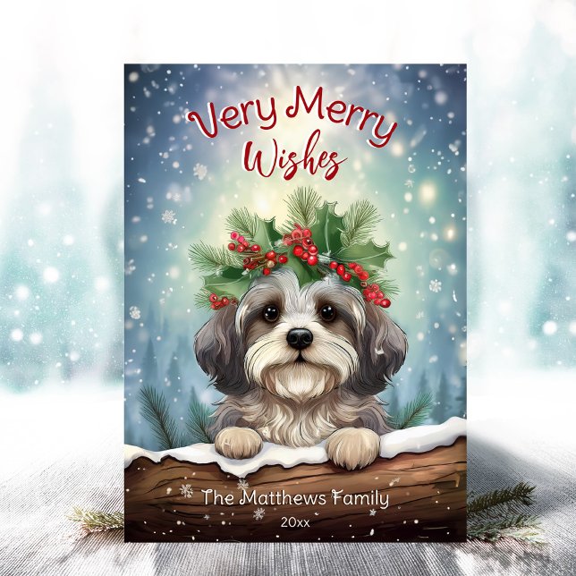 Cartes Pour Fêtes Annuelles Havanais hiver Wonderland Noël animal Portrait (Adorable Winter Snowy Scene With Peeking Dogs or Farm/Woodland Animals - Over 50 to Choose From!)
