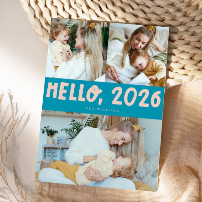 Cartes Pour Fêtes Annuelles Hello 2026 Typography Aqua Blue Photo (Créateur téléchargé)
