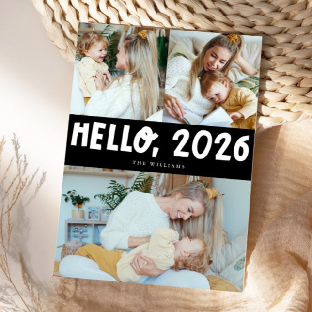 Cartes Pour Fêtes Annuelles Hello 2026 Typography Black Photo (Créateur téléchargé)