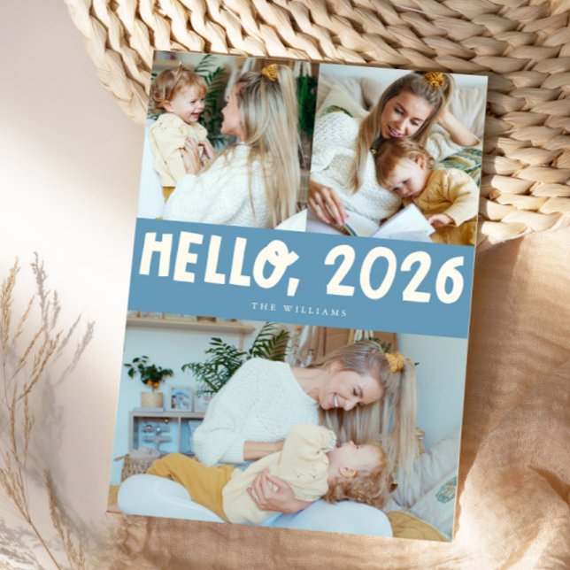 Cartes Pour Fêtes Annuelles Hello 2026 Typography Denim Blue Photo (Créateur téléchargé)