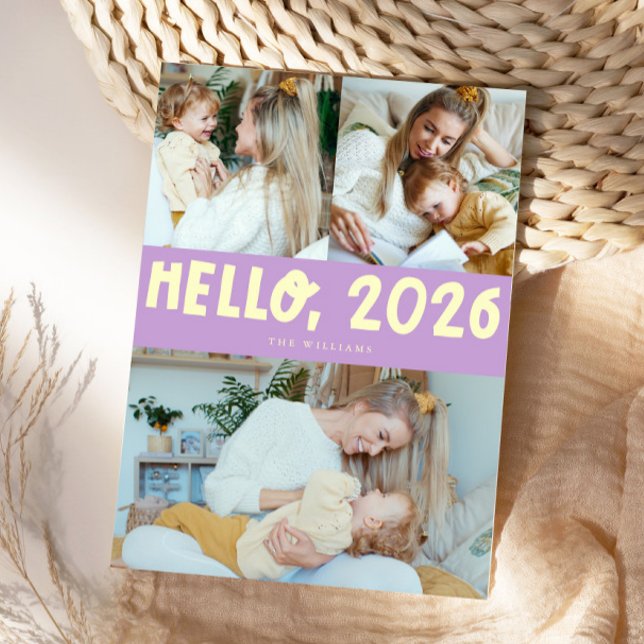 Cartes Pour Fêtes Annuelles Hello 2026 Typography Lemon Wisteria Photo (Créateur téléchargé)