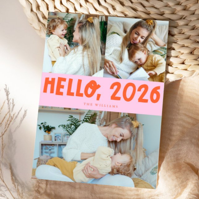 Cartes Pour Fêtes Annuelles Hello 2026 Typography Orange Pink Photo (Créateur téléchargé)