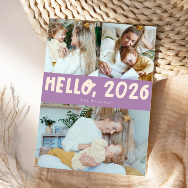 Cartes Pour Fêtes Annuelles Hello 2026 Typography Purple Photo (Créateur téléchargé)