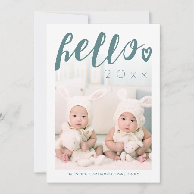 Cartes Pour Fêtes Annuelles Hello Green Script Photo personnalisée Bonne année (Devant)