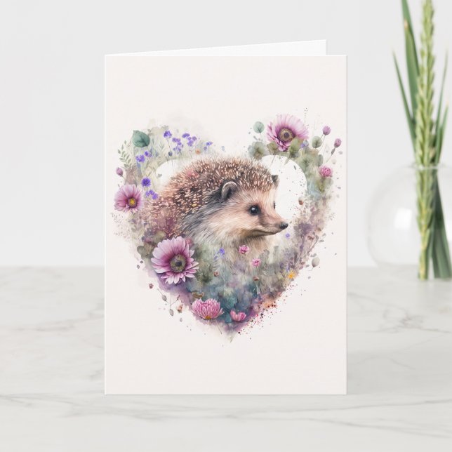 Cartes Pour Fêtes Annuelles Hérisson doux aux fleurs violettes Saint-Valentin (Devant)
