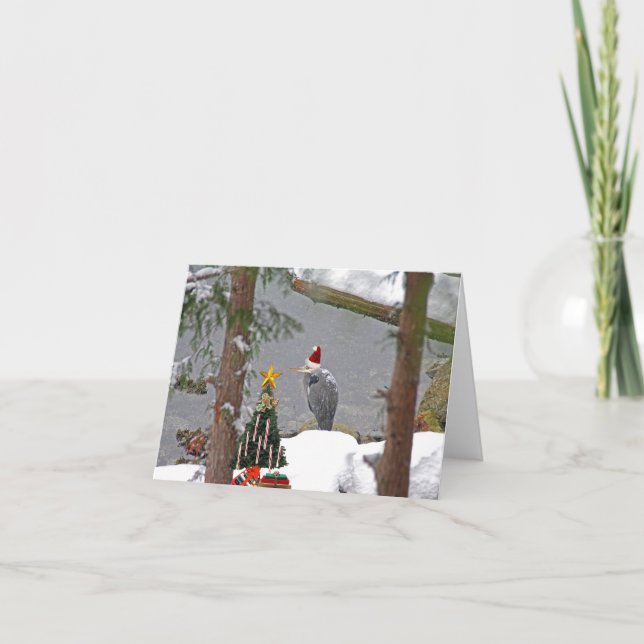 Cartes Pour Fêtes Annuelles Heron de Noël en photo de neige (Devant)