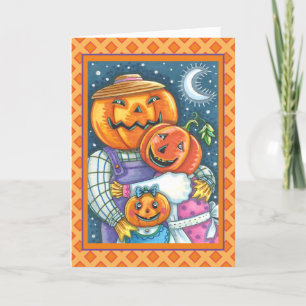 CARTES POUR FÊTES ANNUELLES HEUREUSE FAMILLE JACK-O'-LANTERN, COLORÉE ET MORTE
