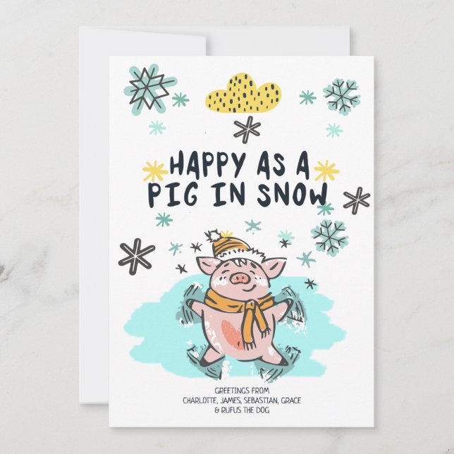 Cartes Pour Fêtes Annuelles Heureux Comme Un Cochon Dans Noël De Neige (Devant)