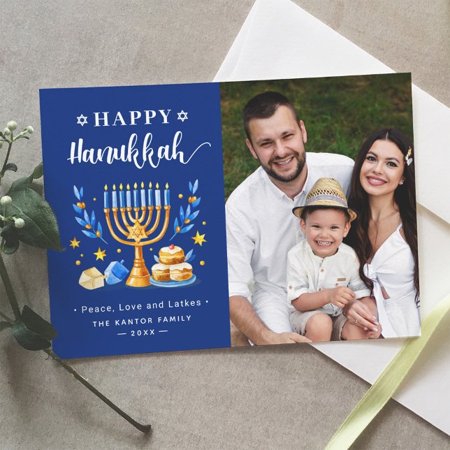 Cartes Pour Fêtes Annuelles Heureux Hanoukka Menorah Sufganiyah Dreidel Photo (Créateur téléchargé)