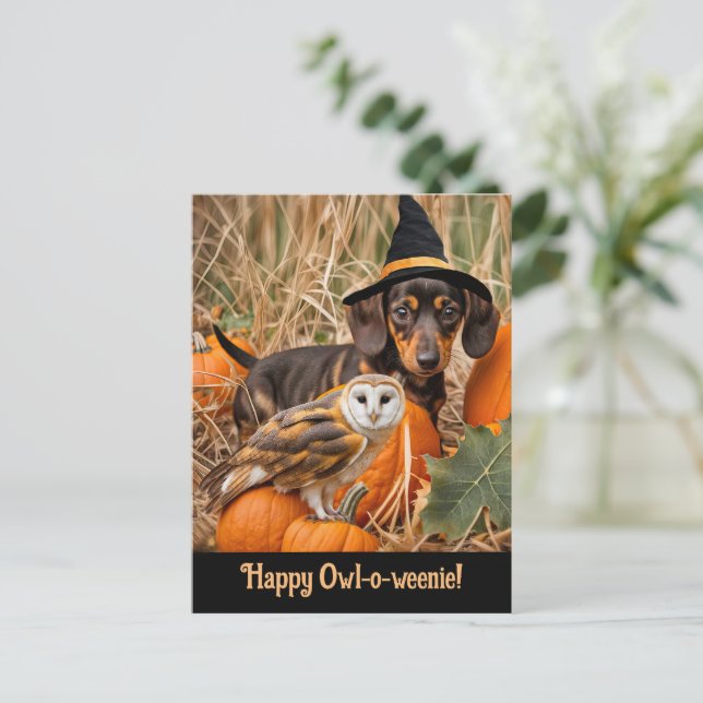 Cartes Pour Fêtes Annuelles Hialloween Cute Dachshund Pup Owl (Debout devant)