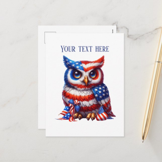 Cartes Pour Fêtes Annuelles hibou patriotique ajouter le texte 4 juillet (Devant/Arrière en situation)