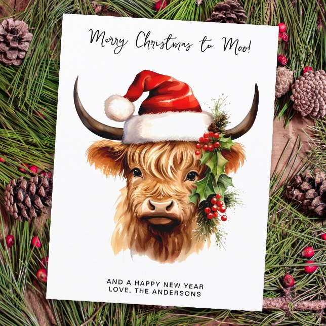 Cartes Pour Fêtes Annuelles Highland Cow Festive Farm Joyeux Noël à MOO (Créateur téléchargé)