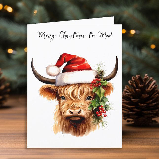 Cartes Pour Fêtes Annuelles Highland Cow Festive Farm Joyeux Noël à Moo (Créateur téléchargé)