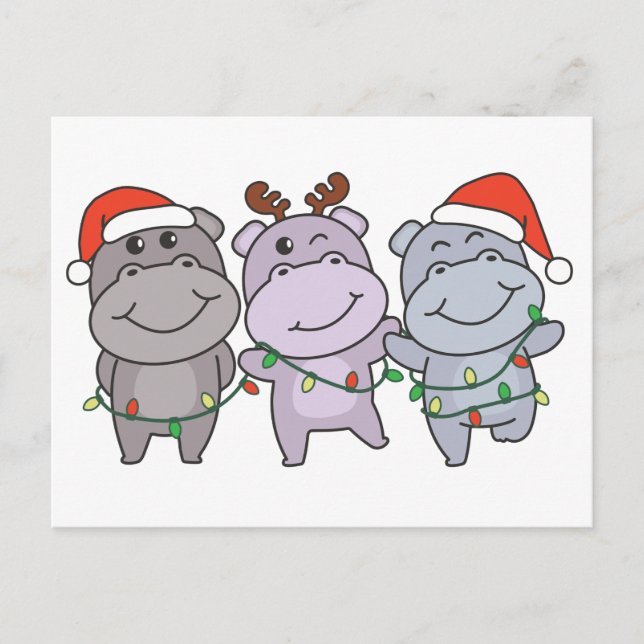 Cartes Pour Fêtes Annuelles Hippo animaux de Noël mignons hippopotames (Devant)